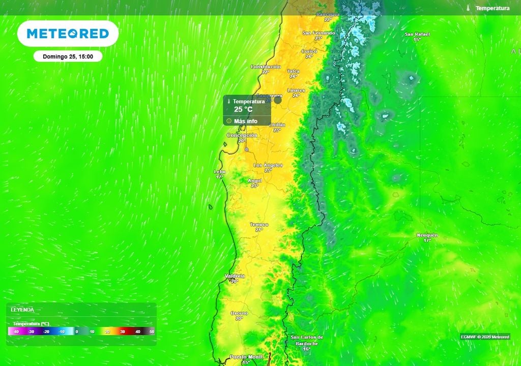 Temperaturas de 25 °C para este fin de semana en Chile centro-sur Temperatura máxima (°C) para el domingo (25) en Chile centro-sur.