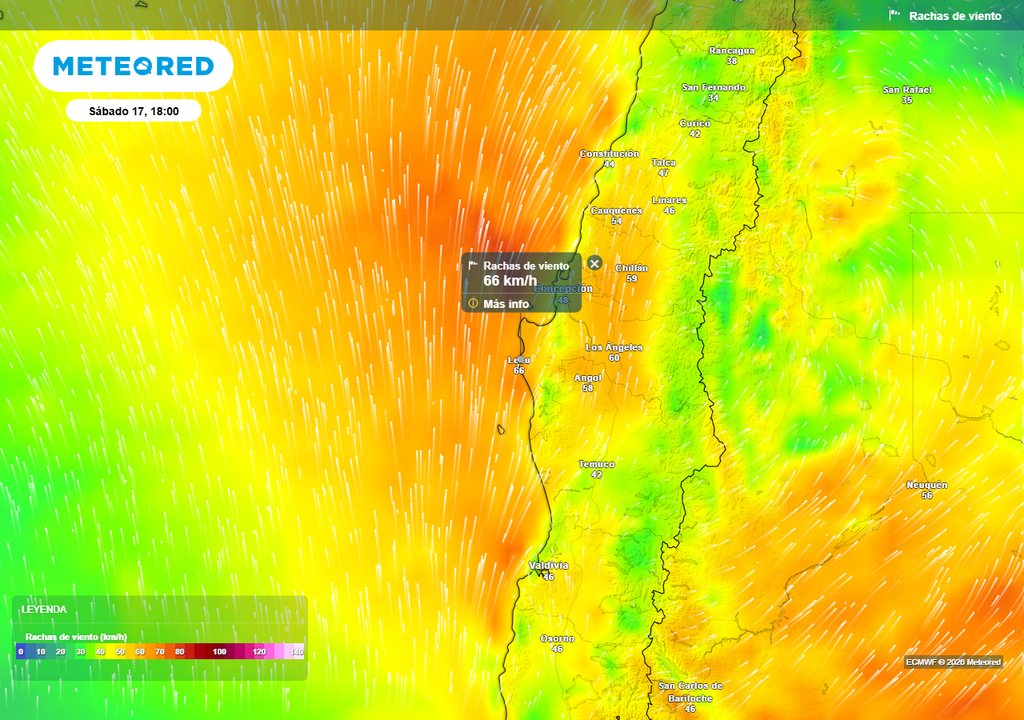 Pronóstico fin de semana en Chile centro sur, Meteored Rachas de viento (km/h) para la tarde del sábado 17 de enero 2026 en Chile centro sur.