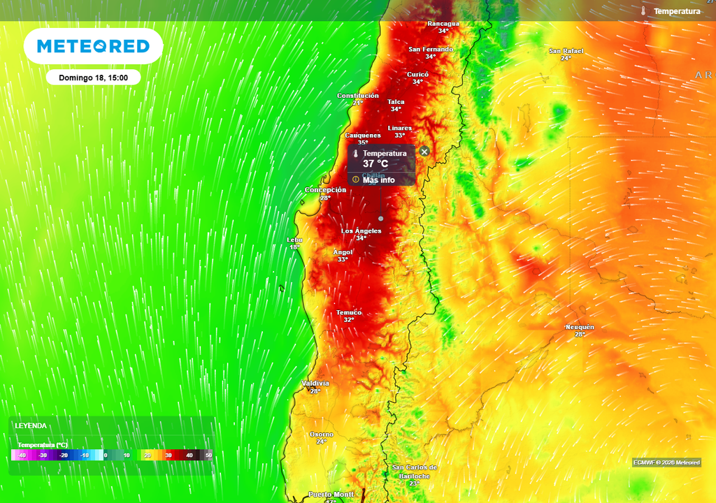 Pronóstico fin de semana en Chile centro sur, Meteored Temperatura máxima (°C) para el domingo 18 de enero 2026 en Chile centro sur.