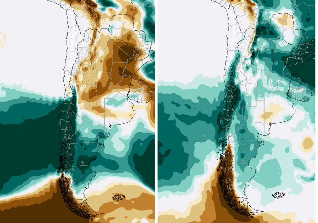 Las anomalías proyectadas muestran contrastes en la distribución de la humedad sobre Chile, con señales más húmedas concentrándose hacia el centro-sur y sur del país. Izquierda: 21 al 28 de septiembre y derecha: 28 de septiembre al 5 de octubre de 2026.