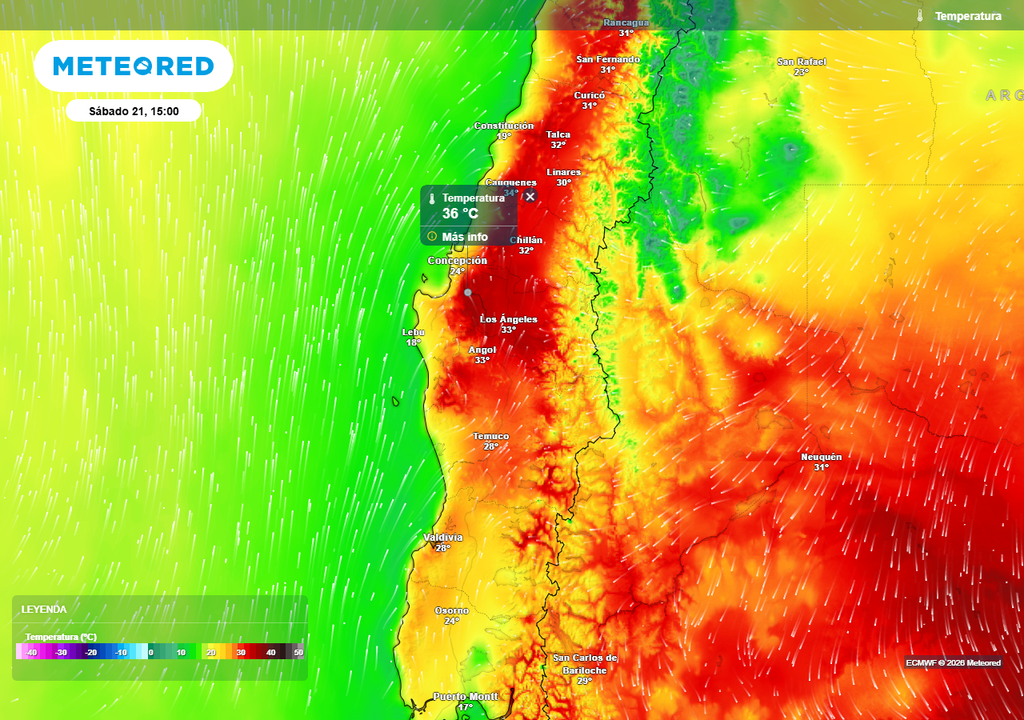 Temperatura máxima (°C) para el sábado 21 de febrero 2026 en Chile centro-sur.