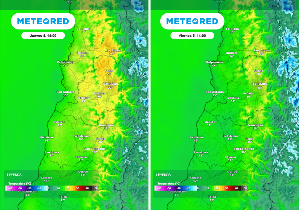 El cambio de la temperatura máxima entre el jueves y viernes será notorio, se sentirá un ambiente más fresco durante el día viernes.