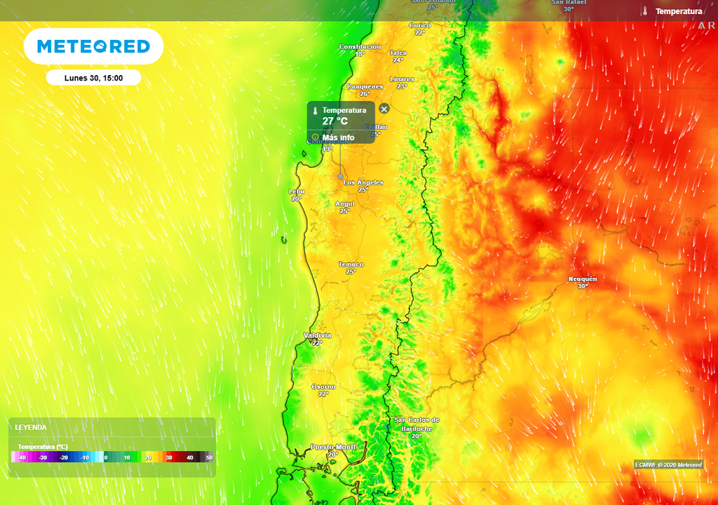 Temperatura máxima (°C) para el lunes 30 de marzo 2026 en Chile centro sur.