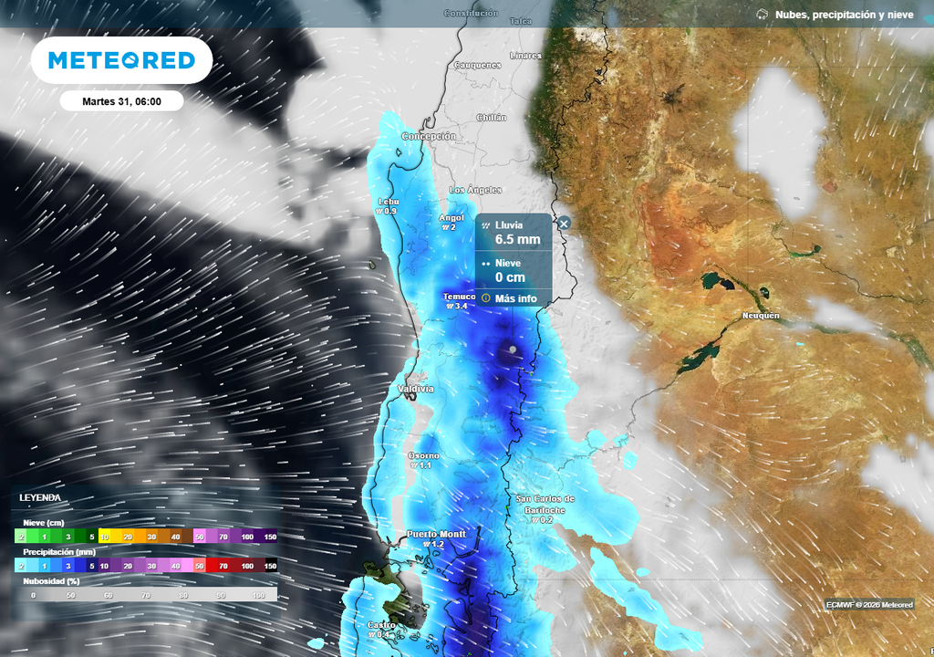 Precipitación (mm) para la mañana del martes 31 de marzo 2026 en Chile centro-sur.