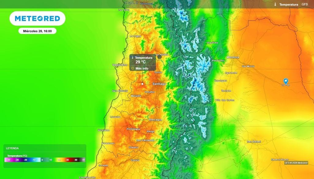 Temperaturas GFS Modelo norteamericano GFS: al poniente de Santiago las temperaturas máximas podrían llegar hasta cerca de los 29 °C el próximo miércoles.