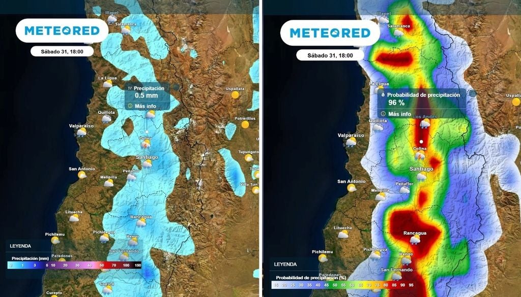 Chubascos El sábado Santiago tendrá chubascos: probabilidad de lluvias supera el 90 % en algunas zonas y llegarán otra vez las tormentas eléctricas.