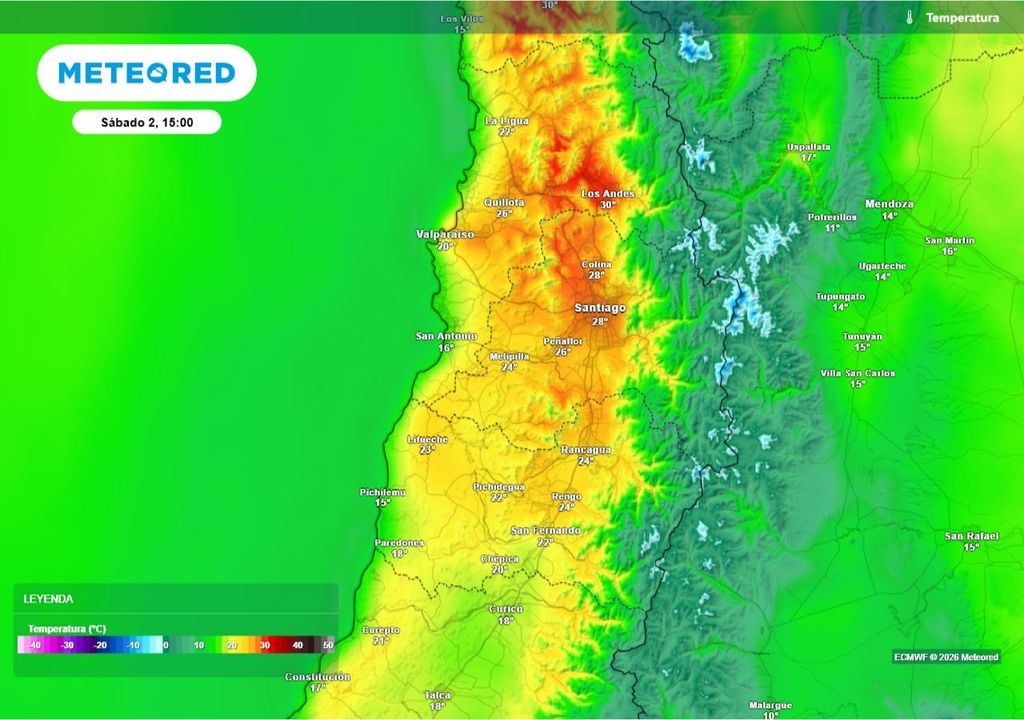 Calor en la zona central este sábado: máximas elevadas especialmente en sectores precordilleranos.
