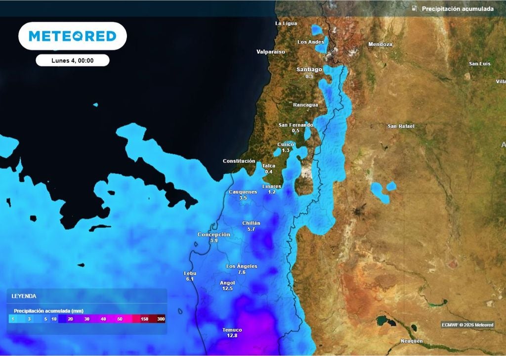 Precipitación acumulada prevista para el domingo: lluvias se concentrarán desde el Maule al sur, con montos más relevantes en Ñuble y Biobío.