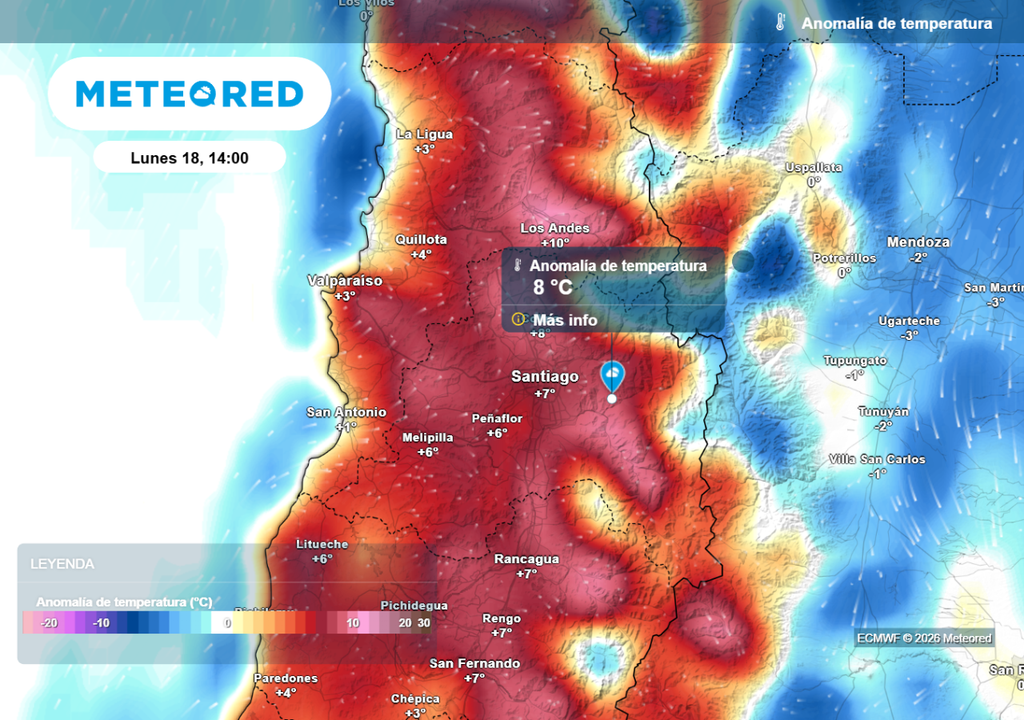 Anamalías de temperatura del ECMWF muestra el importante alza térmica que ocurrirá la próxima semana en Santiago.
