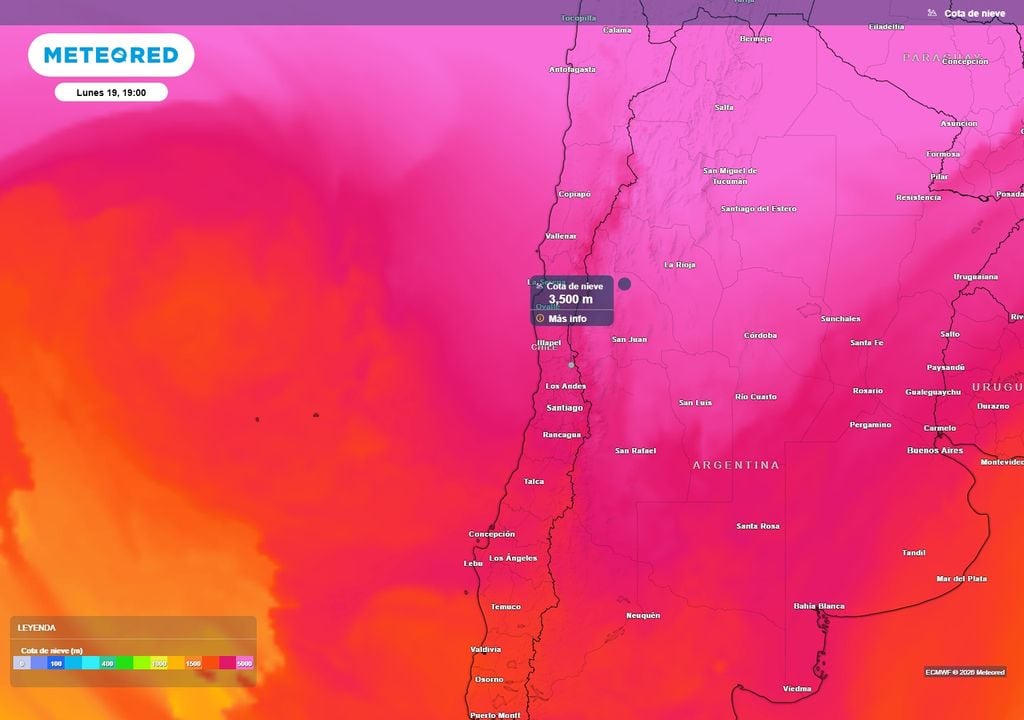 cota de nieve Las precipitaciones se volverán sólidas a contar de los 3.500 m de altitud. Bajo esta cota, las precipitaciones serán en su gran mayoría líquidas.