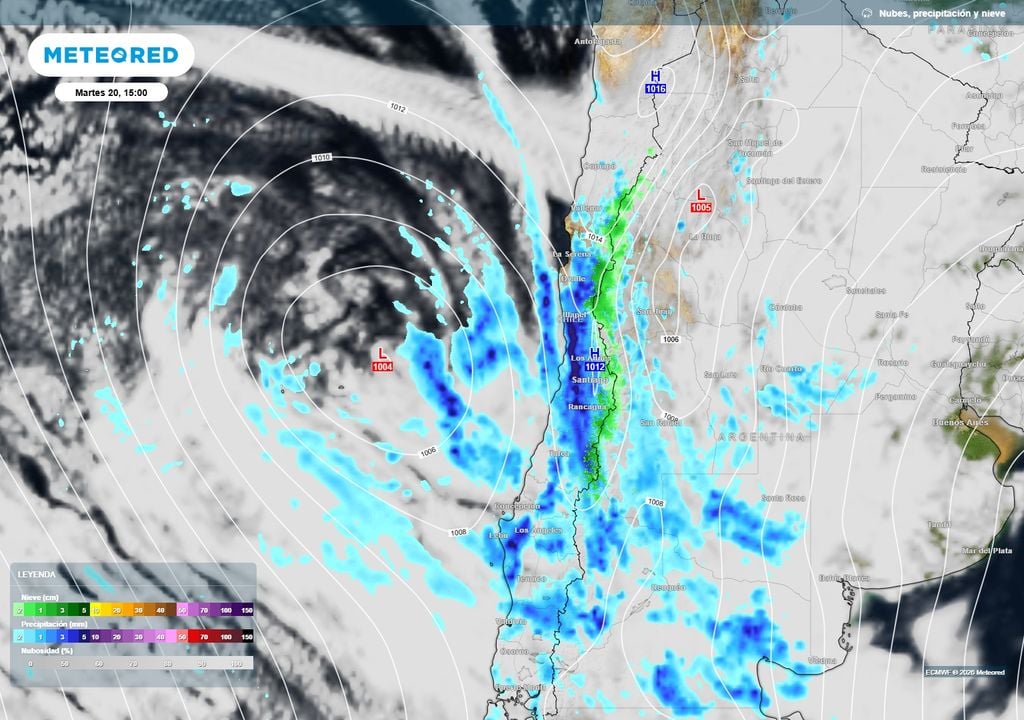 bandas de precipitaciones La baja presión dejará en su avance diversas bandas de lluvias intensas. Ellas tendrán asociadas tormentas con chubascos fuertes, posibilidad de granizos y vientos arrachados.
