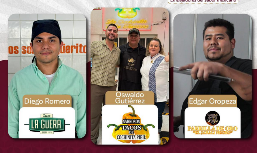 Estos tres embajadores prepararon sus tacos en Francia, además, de que ofrecieron una masterclass de guacamole..Foto Cortesía EDOMEX. Estos tres embajadores prepararon sus tacos en Francia, además, de que ofrecieron una masterclass de guacamole. Fotografía cortesía de Gobierno de Estado de México.
