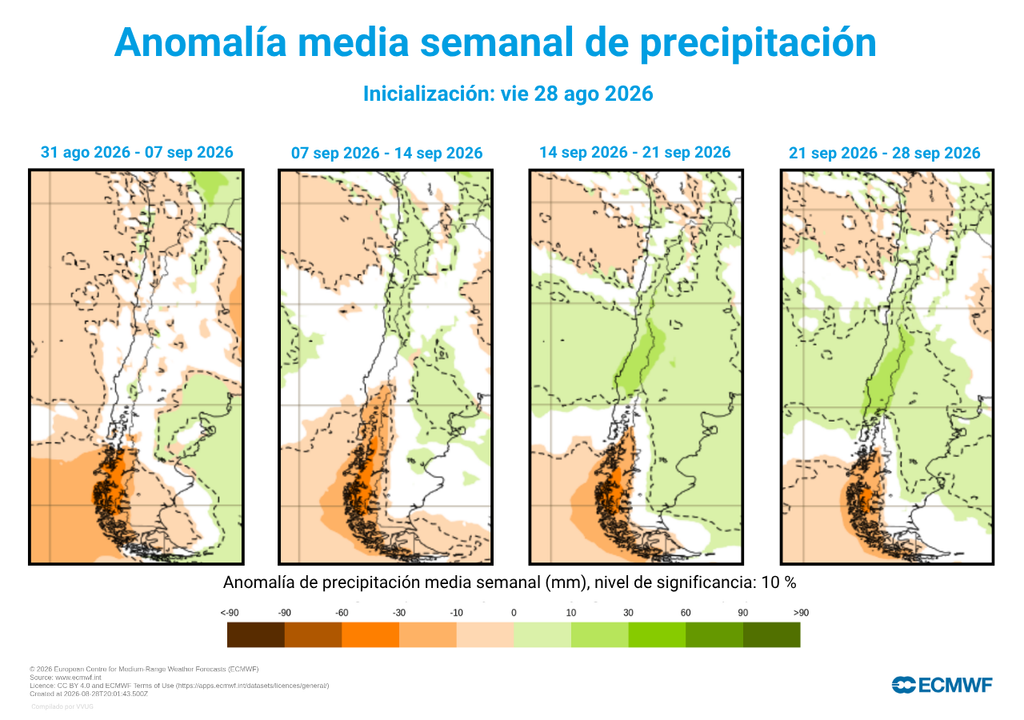 anomalías de precipitación Las lluvias volverían primeramente al Norte de Chile antes que al Centro y Sur durante el mes de septiembre de 2026.