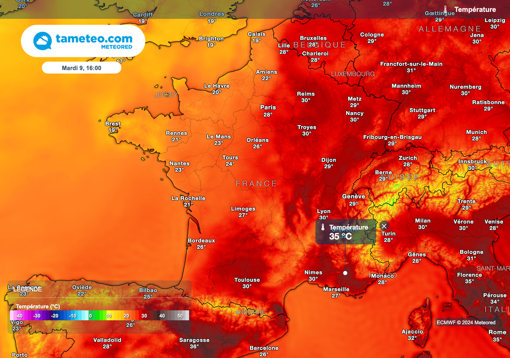 18°C à Brest ce mardi après-midi contre 34°C à Clermont-Ferrand. Des pointes à près de 35°C possibles dans l'arrière pays méditerranéen. 18°C à Brest ce mardi après-midi contre 34°C à Clermont-Ferrand. Des pointes à près de 35°C possibles dans l'arrière pays méditerranéen.