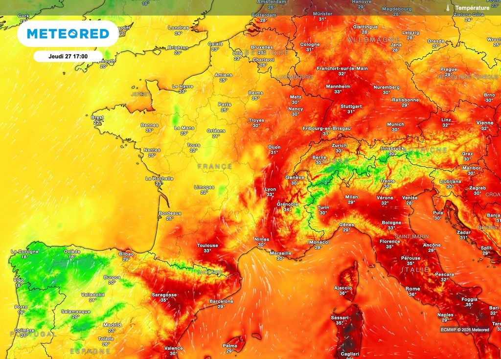 L'influence dépressionnaire va permettre de retrouver temporairement un air moins chaud voire frais par l'ouest. L'influence dépressionnaire va permettre de retrouver temporairement un air moins chaud voire frais par l'ouest.