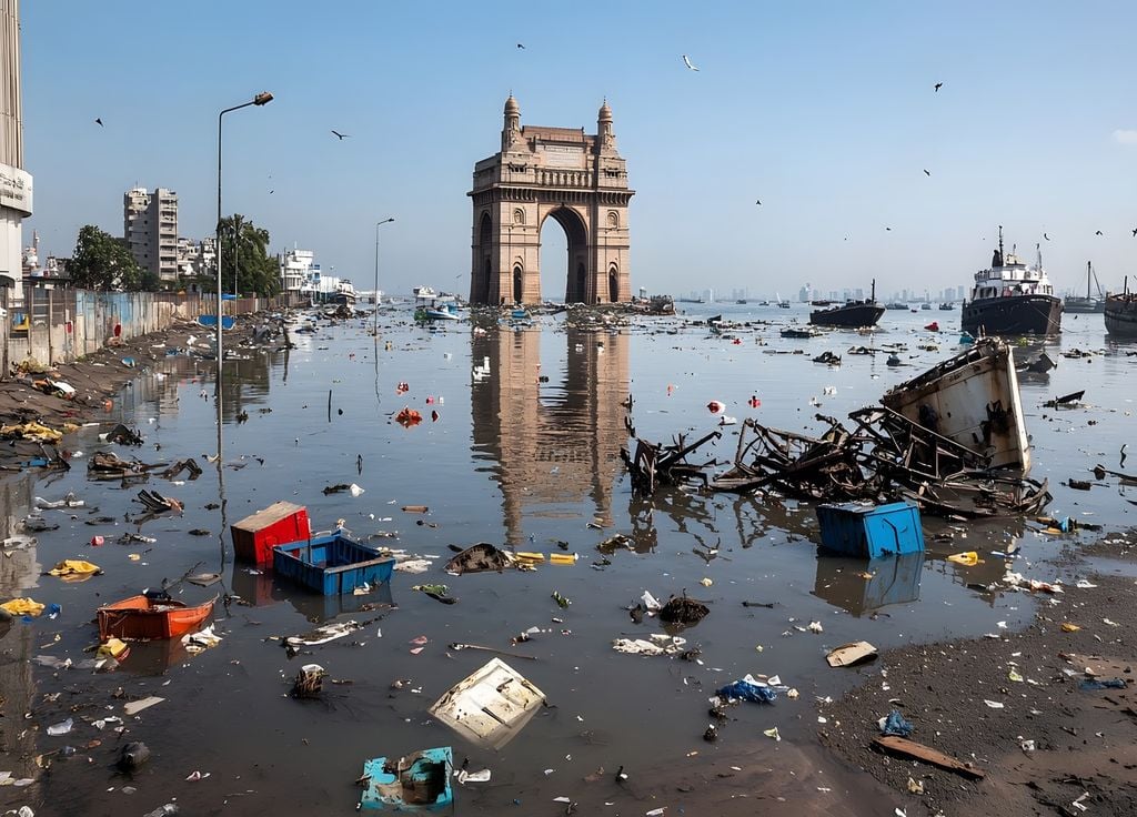 La emblemática Puerta de la India de Bombay ha quedado sumergida en el agua y rodeada de restos de barcos y ruinas de la ciudad tras una devastadora catástrofe. @Thanarak