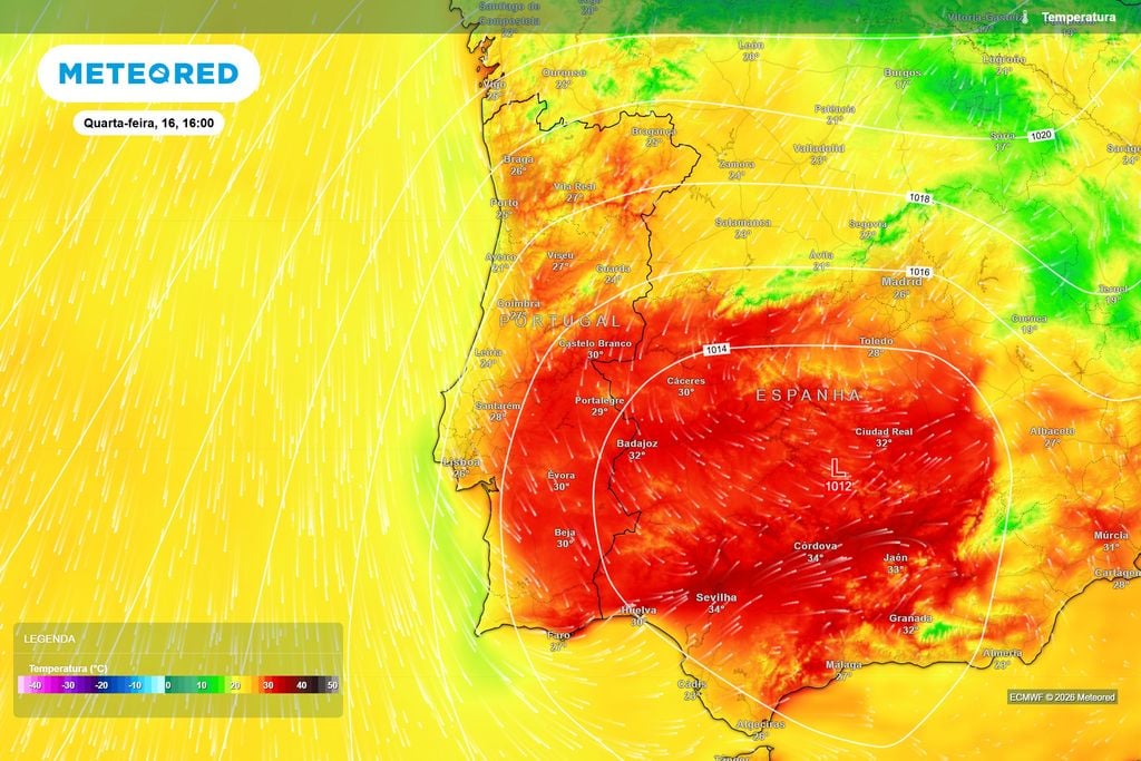 Temperaturas previstas pelo ECMWF para as 16h desta quarta-feira. Os valores mais elevados deverão concentrar-se no interior Centro e Sul, localmente próximos dos 30 ºC.