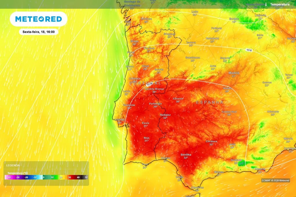 Temperaturas previstas pelo ECMWF para sexta-feira às 16h. O calor começará a intensificar-se, sobretudo no interior Centro e Sul, onde várias regiões poderão atingir ou ultrapassar os 30 ºC.