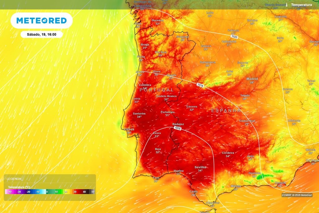 Temperaturas previstas pelo ECMWF para sábado às 16h. O aquecimento será generalizado, com máximas superiores a 30 ºC em numerosas regiões e valores próximos dos 34 ºC no Centro.