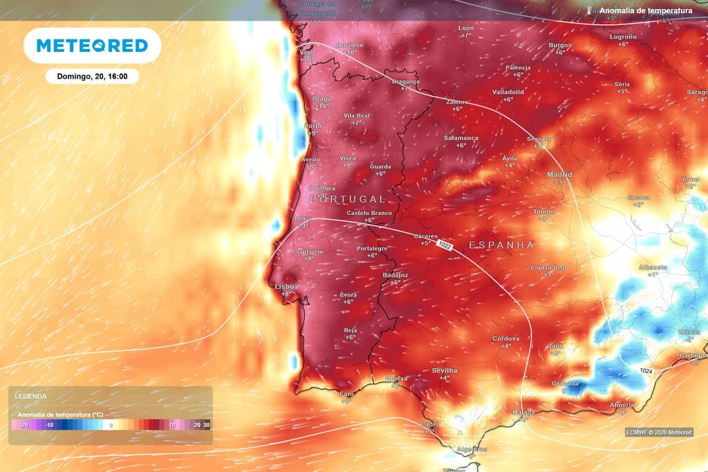 Anomalia da temperatura prevista pelo ECMWF para domingo às 16h. Grande parte de Portugal continental poderá registar valores entre 6 e 10 ºC superiores ao habitual para esta altura do ano.