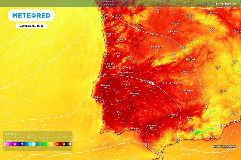Temperaturas previstas pelo ECMWF para domingo às 16h. O calor deverá intensificar-se em grande parte de Portugal, com máximas de 35 a 36 ºC em alguns setores do Centro.