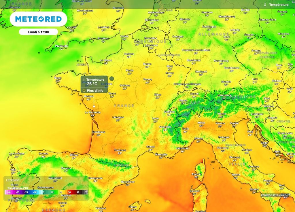 Températures lundi après-midi Lundi 5 octobre après-midi, des pointes à 25 ou 26°C, soit le seuil de chaleur, seront déjà possibles sur la moitié Nord, vers les Pays-de-la-Loire.