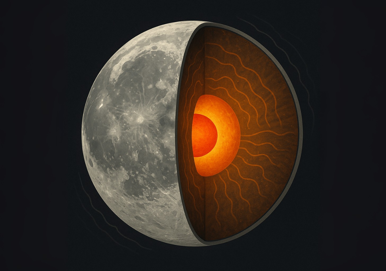 Ilustración en corte transversal de la Luna: su corteza, manto y núcleo interno y externo, revelados gracias a los sismos lunares detectados por las misiones Apolo.