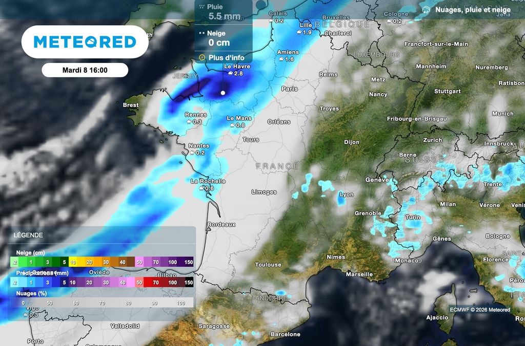 Arrivée d'un front froid demain sur la France avec des pluies parfois modérées.