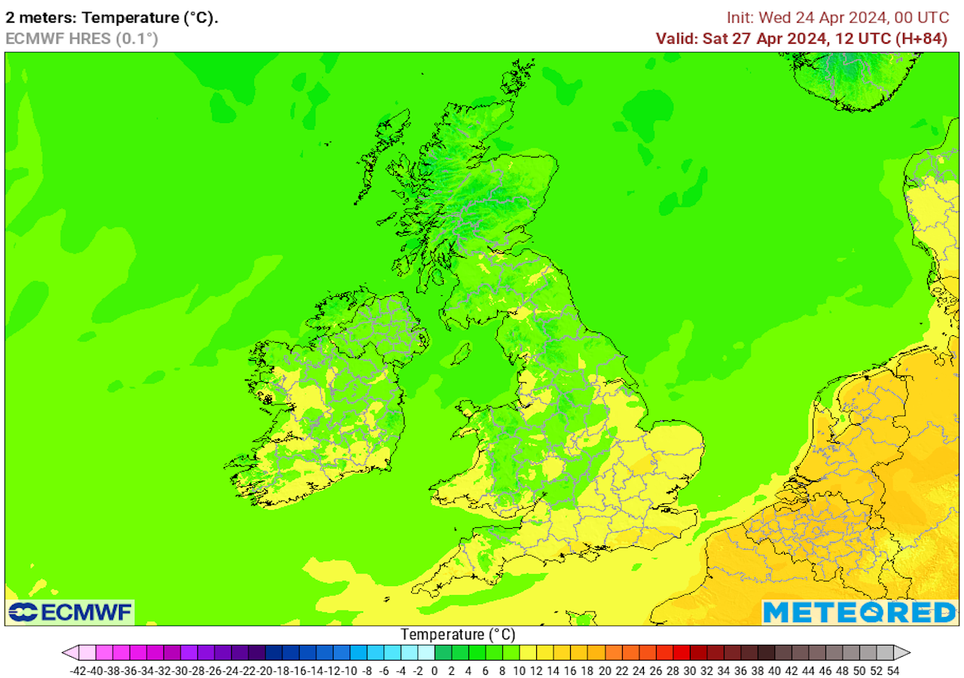 ECWMF Modeled Surface Temperatures on Saturday at 1pm (12 UTC)