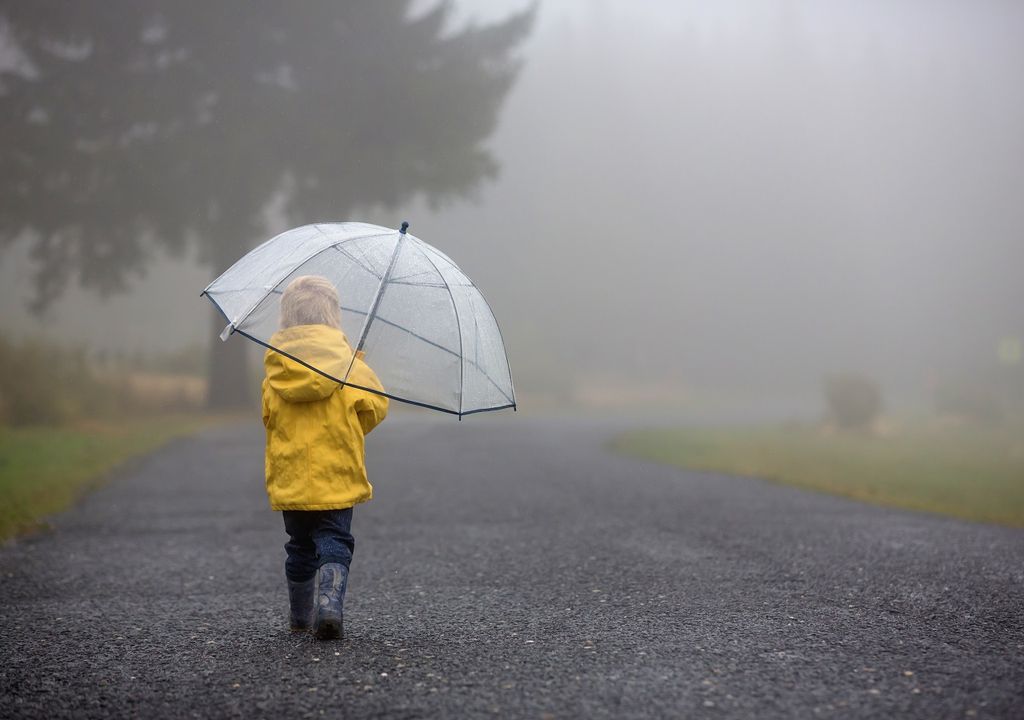 Niño caminando con un paraguas; neblina