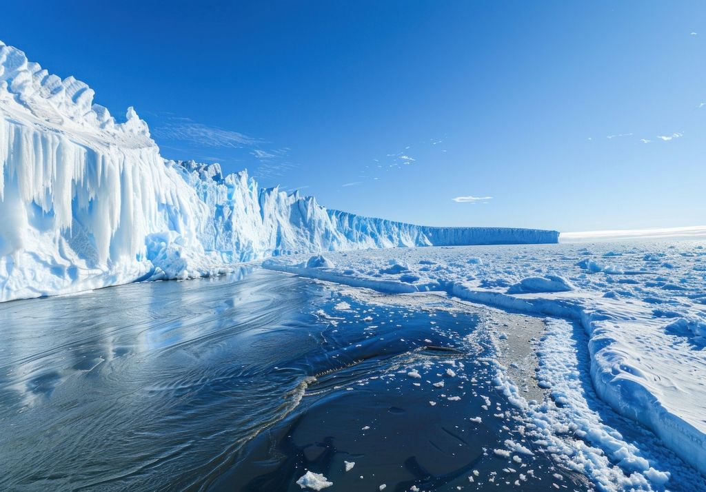 muralla de hielo tocando el mar; paisaje antártico