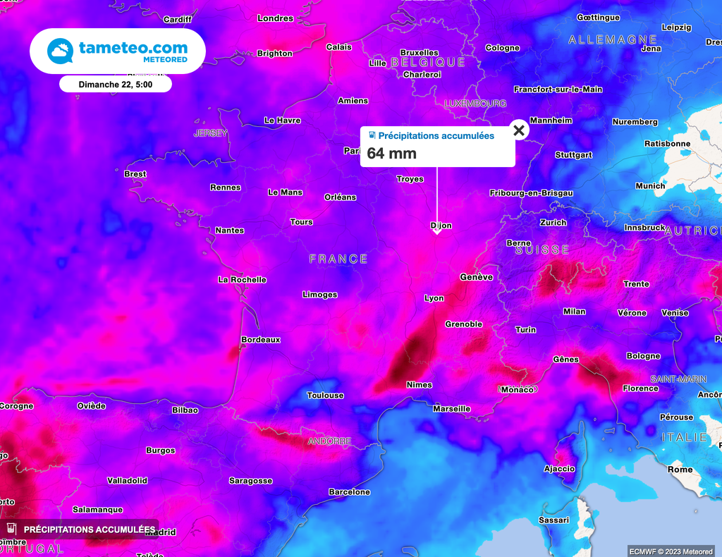 Du côté de Dijon, plus de 60mm par mètre carré sont attendus d'ici mardi.