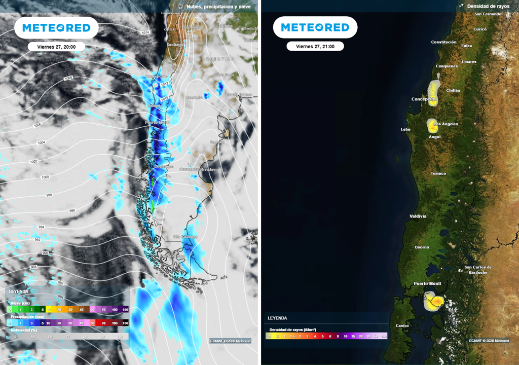 Aunque menos intenso que el sistema previsto para el domingo-lunes en lo que respecta a vientos, las lluvias del comienzo de fin de semana también tendrán potencial para dejar actividad eléctrica entre el Maule y Los Lagos.