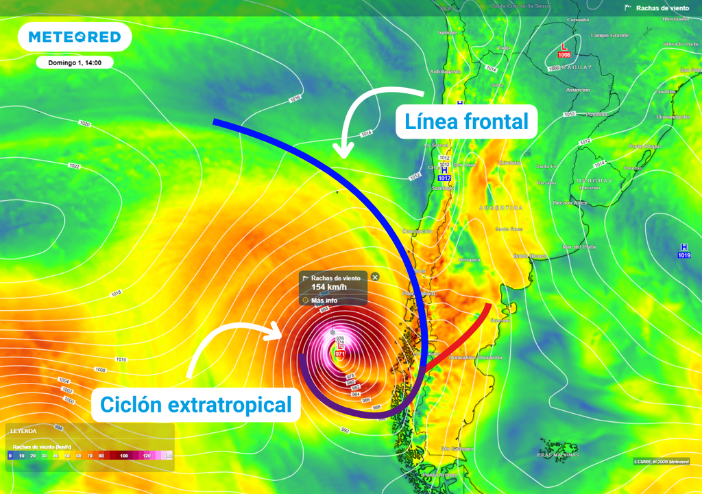 Posición aproximada del ciclón extratropical, línea frontal fría (azul), cálida (roja) y ocluída (morado) con relación al campo de presión, durante la tarde del domingo 01 de marzo. El ciclón rendirá vientos que podrían alcanzar los 150 km/h en el área oceánica.