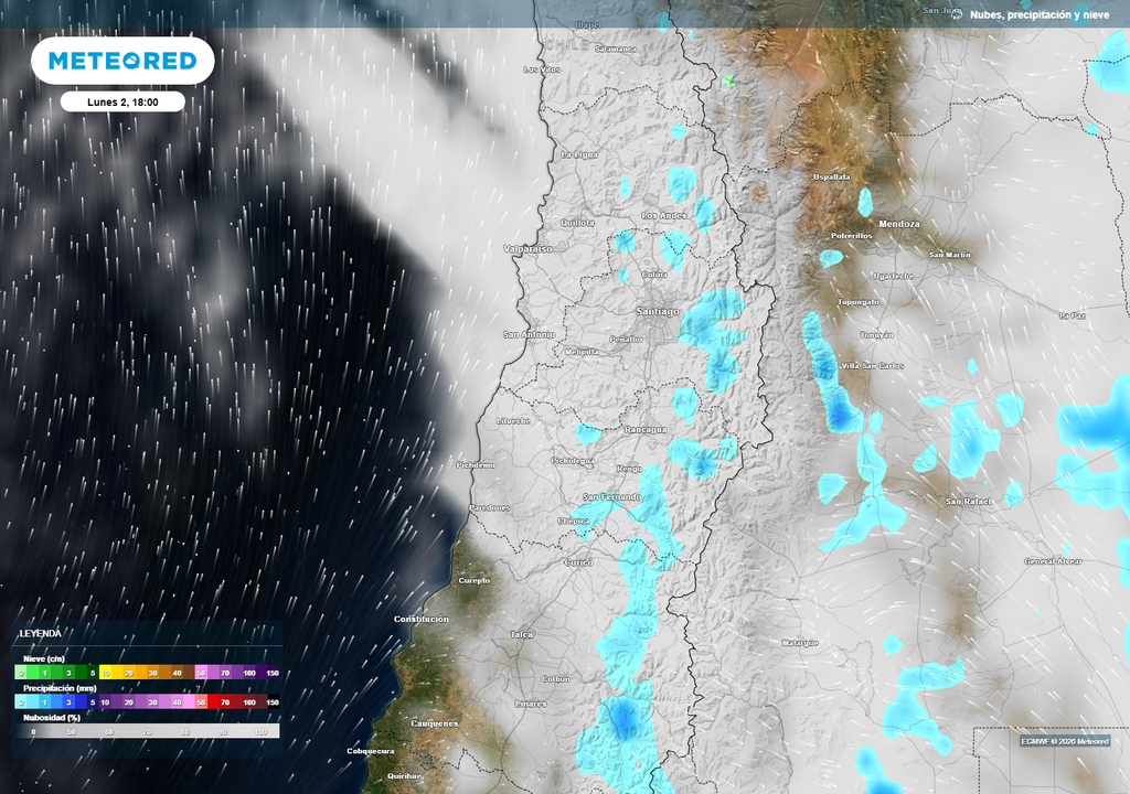 Aunque con poca probabilidad, sectores interiores de la Región de Valparaíso, de O'Higgins y de la Región Metropolitana podrían recibir lloviznas o lluvia débil producto del paso de la zona frontal en el comienzo de la próxima semana.