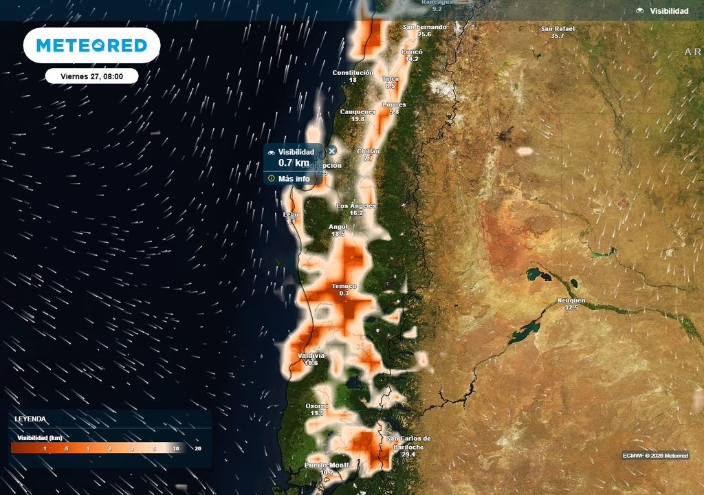 Visibilidad (km) para la mañana del viernes 27 de marzo 2026 en Chile centro-sur.