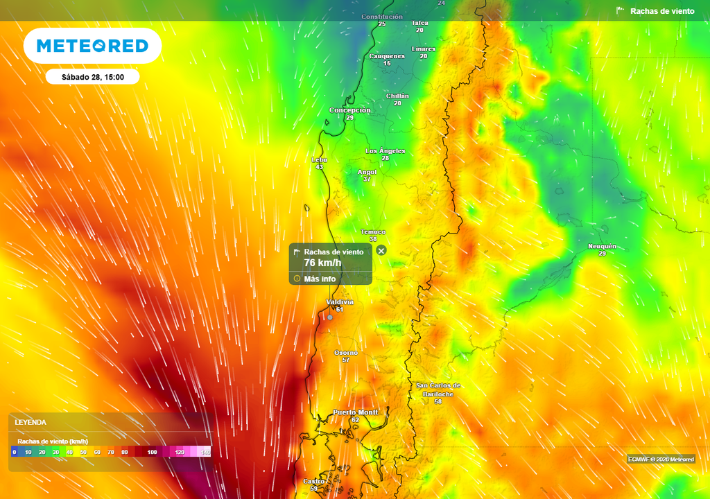 Rachas de viento (km/h) para la tarde del sábado 28 de marzo 2026 en Chile centro-sur.