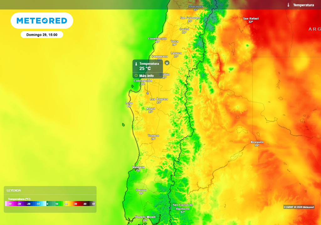 Temperatura máxima (°C) para el domingo 29 de marzo 2026 en Chile centro-sur.