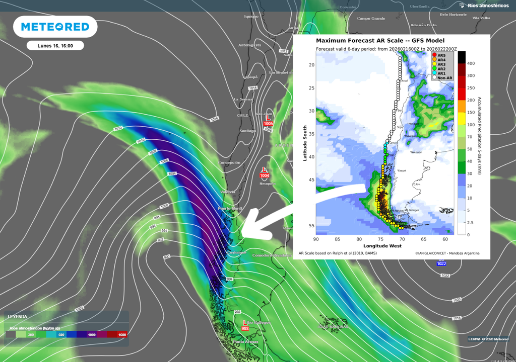río atmosférico previsto El río atmosférico llegará en categoría 3 a 4 a la zona austral de Chile, incrementando las precipitaciones de este sistema frontal.