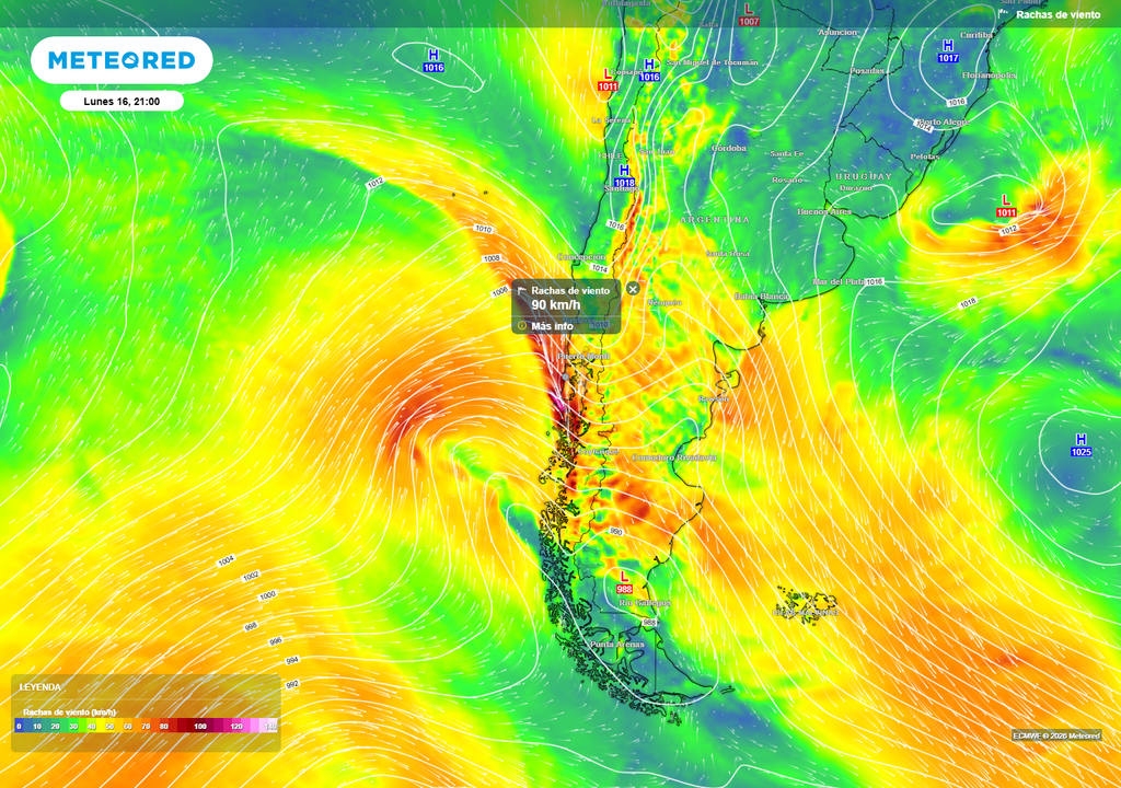 rachas de viento previstas Las rachas de viento, en la zona sur y austral, podrían rondar los 80 a 90 km/h al momento del paso de la banda principal de este frente.