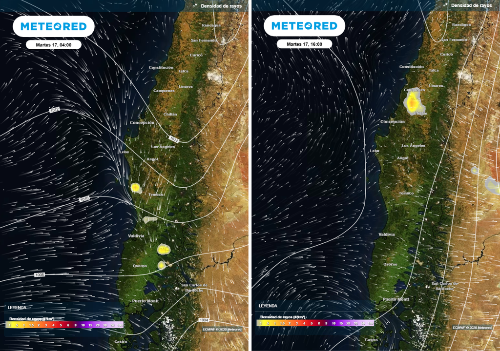 rayos previstos La banda frontal principal, así como las nubes que se produzcan en el postfrontal, dejarán tormentas eléctricas sobre el sur y centro sur de Chile.