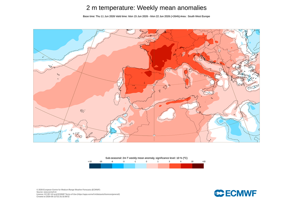 Las anomalías de temperatura previstas para esta próxima semana destacan especialmente en el interior y norte peninsular, mientras que en el extremo suroeste serán menos acentuadas.