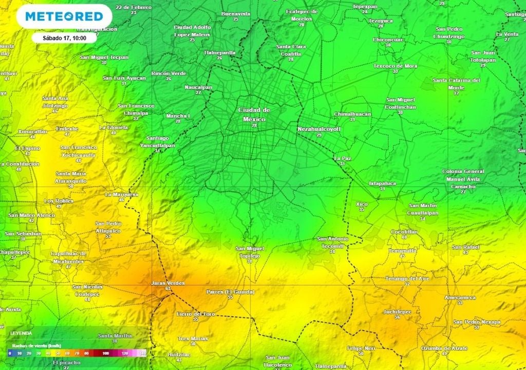 Las rachas de viento para el sábado 17 pueden superar los 50 km/h, especialmente en zonas serranas del poniente y sur. Las rachas de viento para la mañana y tarde del sábado 17 pueden superar los 50 km/h, especialmente en zonas serranas del poniente y sur.