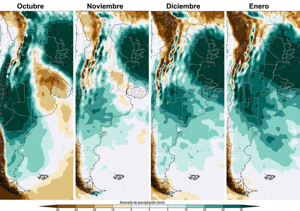 Anomalías de precipitación Anomalías de precipitación entre octubre y enero para Argentina: los colores verdes corresponden a excesos de precipitación, en ocre se marcan las precipitaciones deficitarias