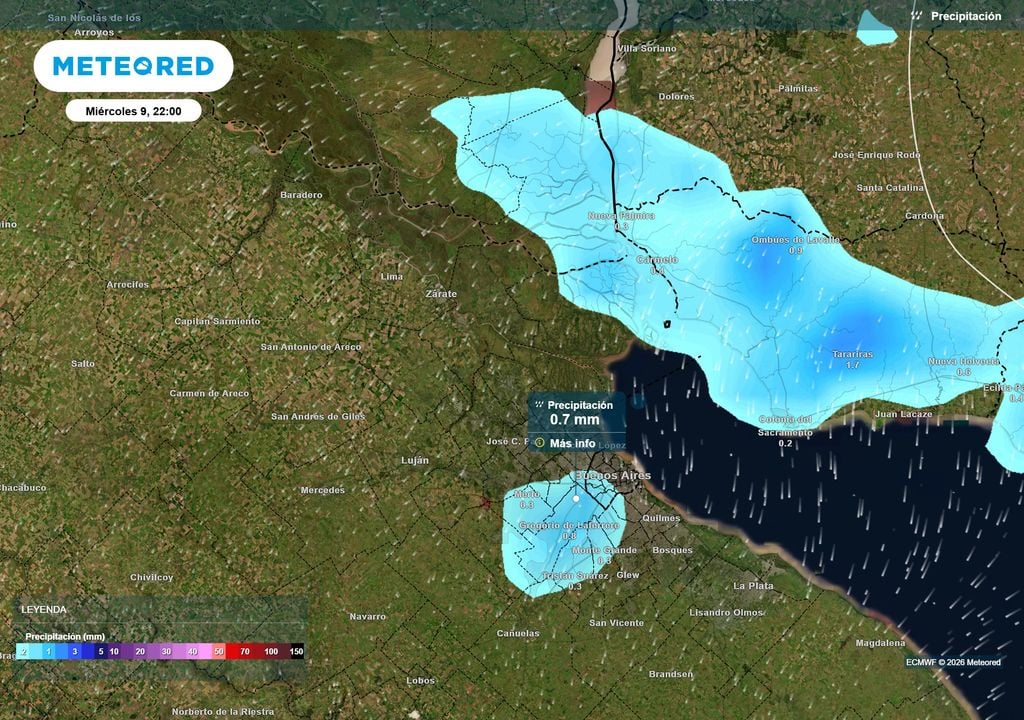 Precipitación Miércoles 9 de Septiembre a las 22 h. Para el final del día no se descarta la ocurrencia de algún chaparrón aislado en AMBA.