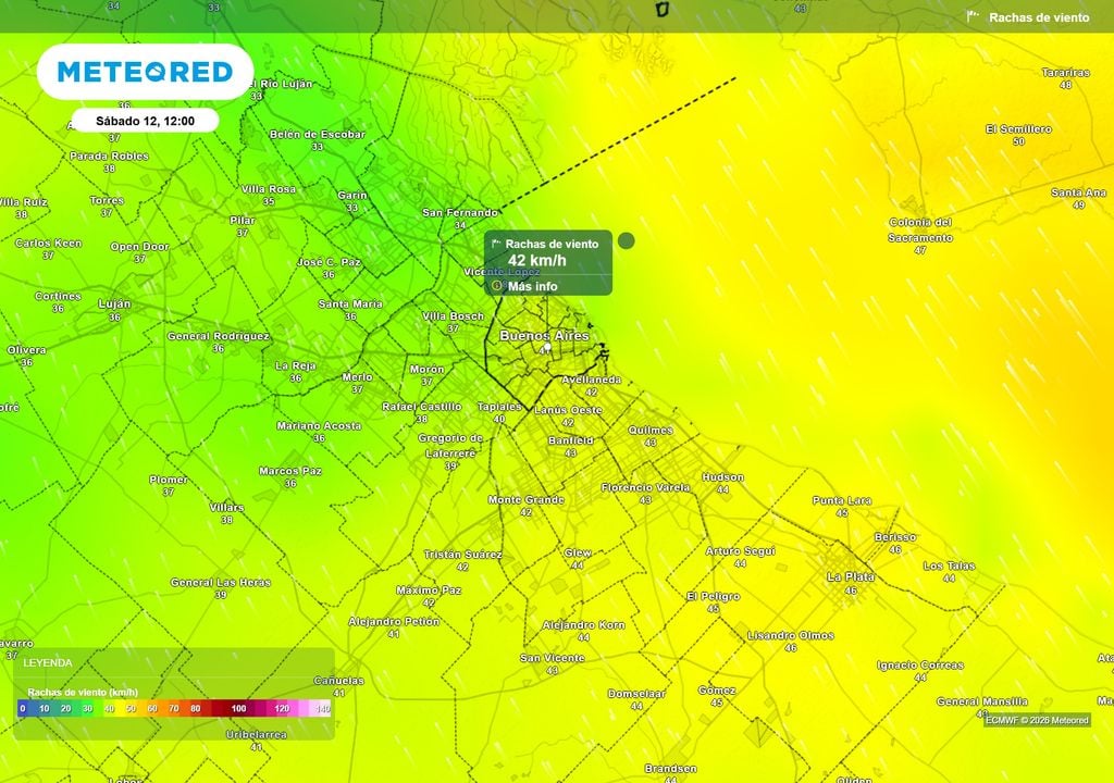 Rachas de viento__Sábado 12 de septiembre a las 12 h Ráfagas de viento para el sábado 12 de septiembre a las 12 h, según el modelo ECMWF.