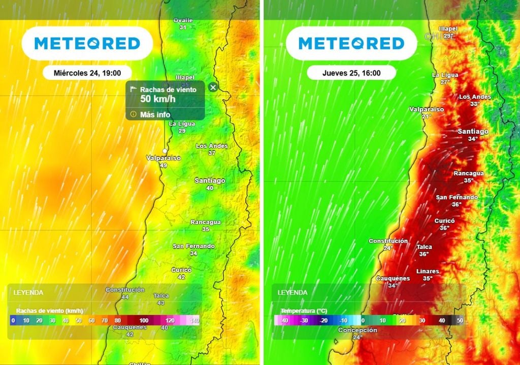 mapas de rachas de viento (ECMWF) y temperatura (GFS)