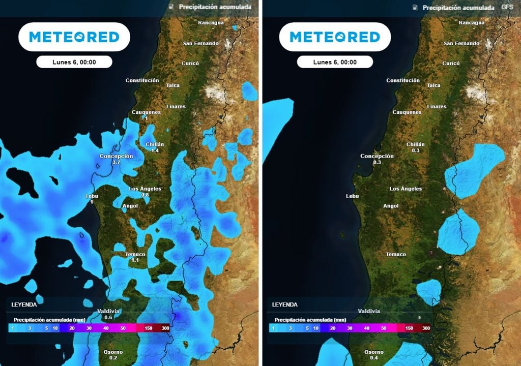 ECMWF y GFS muestran escenarios distintos en la precipitación acumulada para el domingo, evidenciando la incertidumbre en la intensidad y distribución de las lluvias.