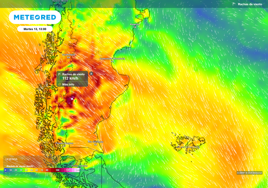 Ráfagas de viento Martes 13 de enero 13 h