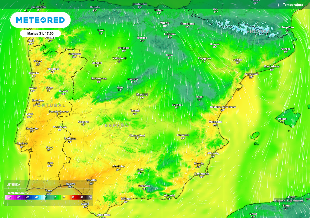 Temperaturas máximas previstas para el Martes Santo en la Península y Baleares. Fuente: modelo europeo.